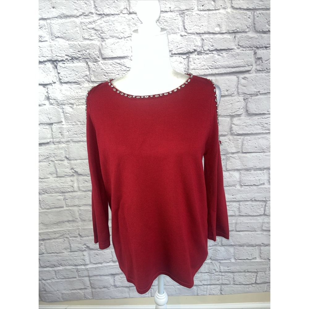 Chico's Red Cold Shoulder Rhinestone Preppy Old Money Sweater Size 1/Medium